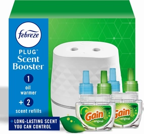 Febreze PLUG Scent Booster Starter Kit, Oil Diffuser, Air Freshener Plug In, Continuous Scent Device   2 Gain Original Refills