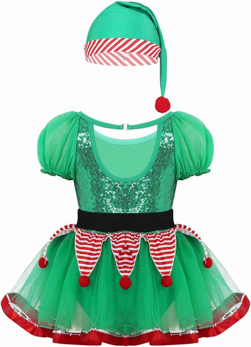 FEESHOW Children Girls Christmas Elf Santa Claus Frosty Snow-Man Costume Figure Ice Skating Ballet Dance Tutu Dress