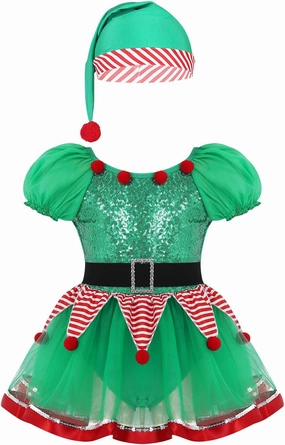 FEESHOW Children Girls Christmas Elf Santa Claus Frosty Snow-Man Costume Figure Ice Skating Ballet Dance Tutu Dress