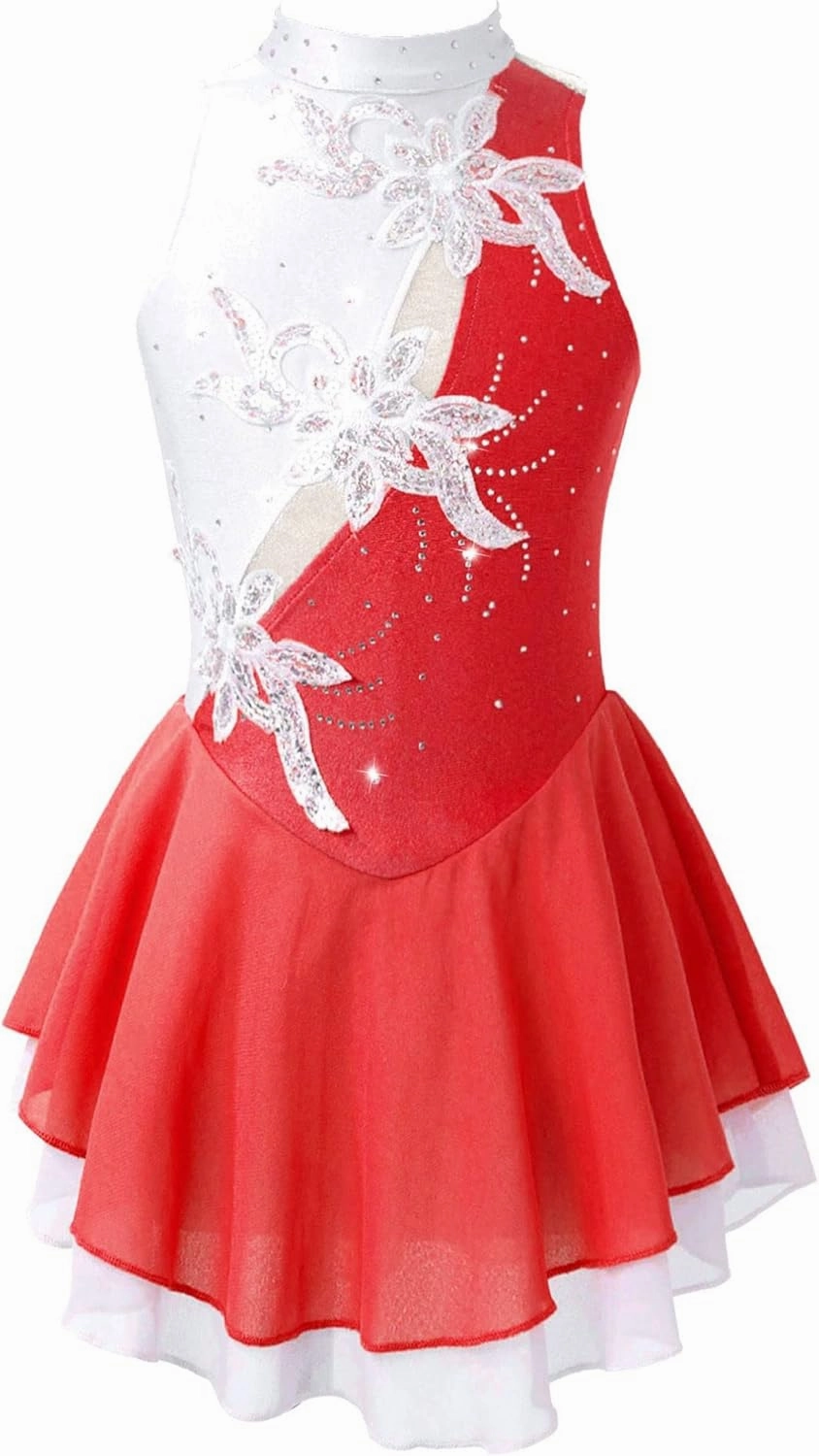 FEESHOW Kids Girls Sleeveless Shiny Rhinestone Sequins Floral Printed Figure Ice Skating Dance Dress for Competition