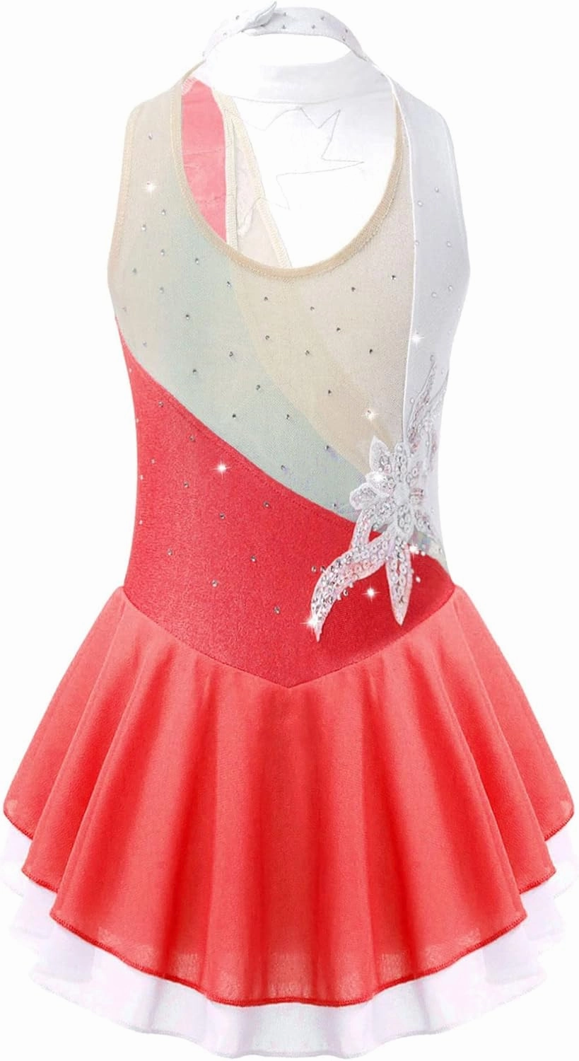 FEESHOW Kids Girls Sleeveless Shiny Rhinestone Sequins Floral Printed Figure Ice Skating Dance Dress for Competition