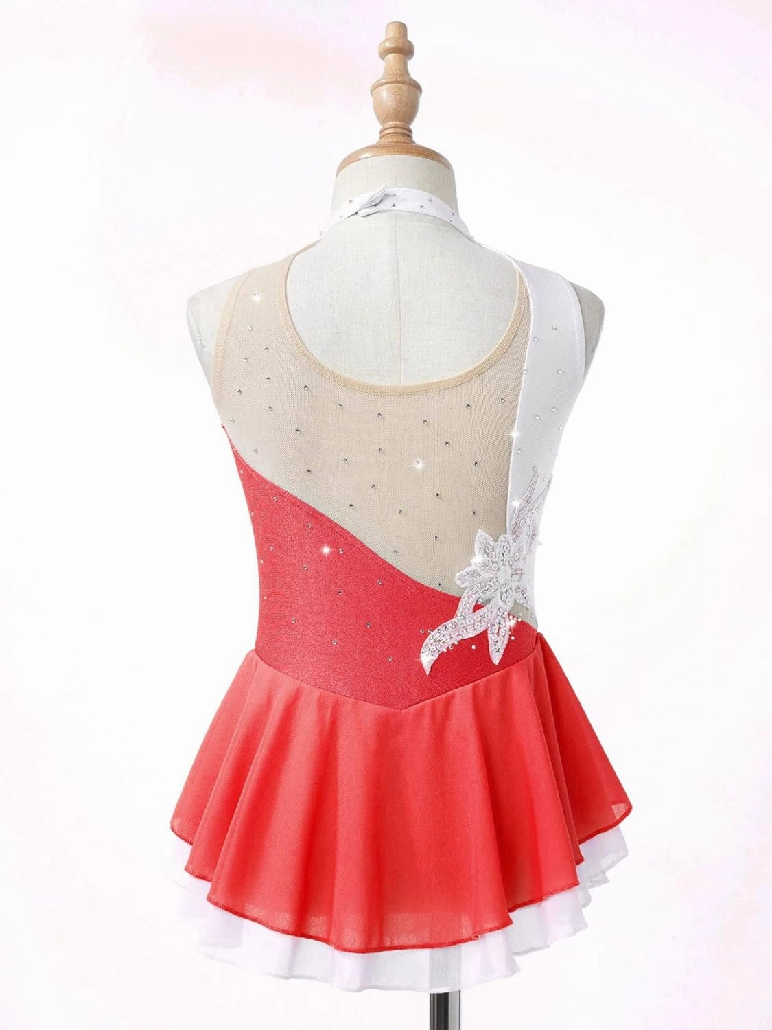 FEESHOW Kids Girls Sleeveless Shiny Rhinestone Sequins Floral Printed Figure Ice Skating Dance Dress for Competition