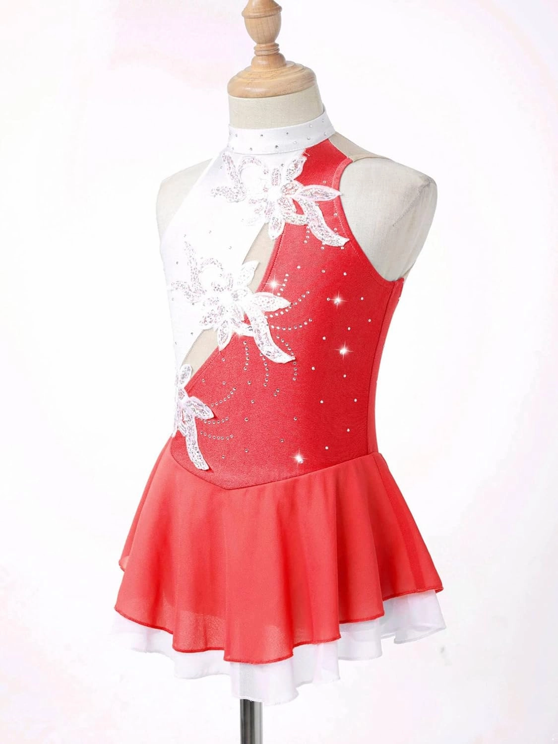 FEESHOW Kids Girls Sleeveless Shiny Rhinestone Sequins Floral Printed Figure Ice Skating Dance Dress for Competition