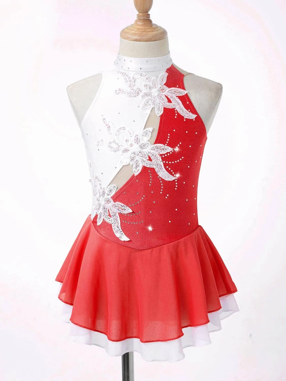 FEESHOW Kids Girls Sleeveless Shiny Rhinestone Sequins Floral Printed Figure Ice Skating Dance Dress for Competition