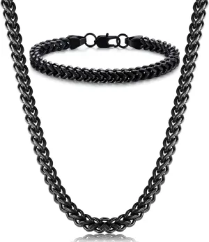 FIBO STEEL Stainless Steel Wheat Chain Necklace for Men Necklace Bracelet Jewelry Set 5mm in Width, 22" 8.5"