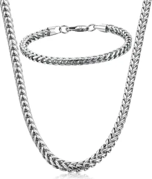 FIBO STEEL Stainless Steel Wheat Chain Necklace for Men Necklace Bracelet Jewelry Set 5mm in Width, 22" 8.5"