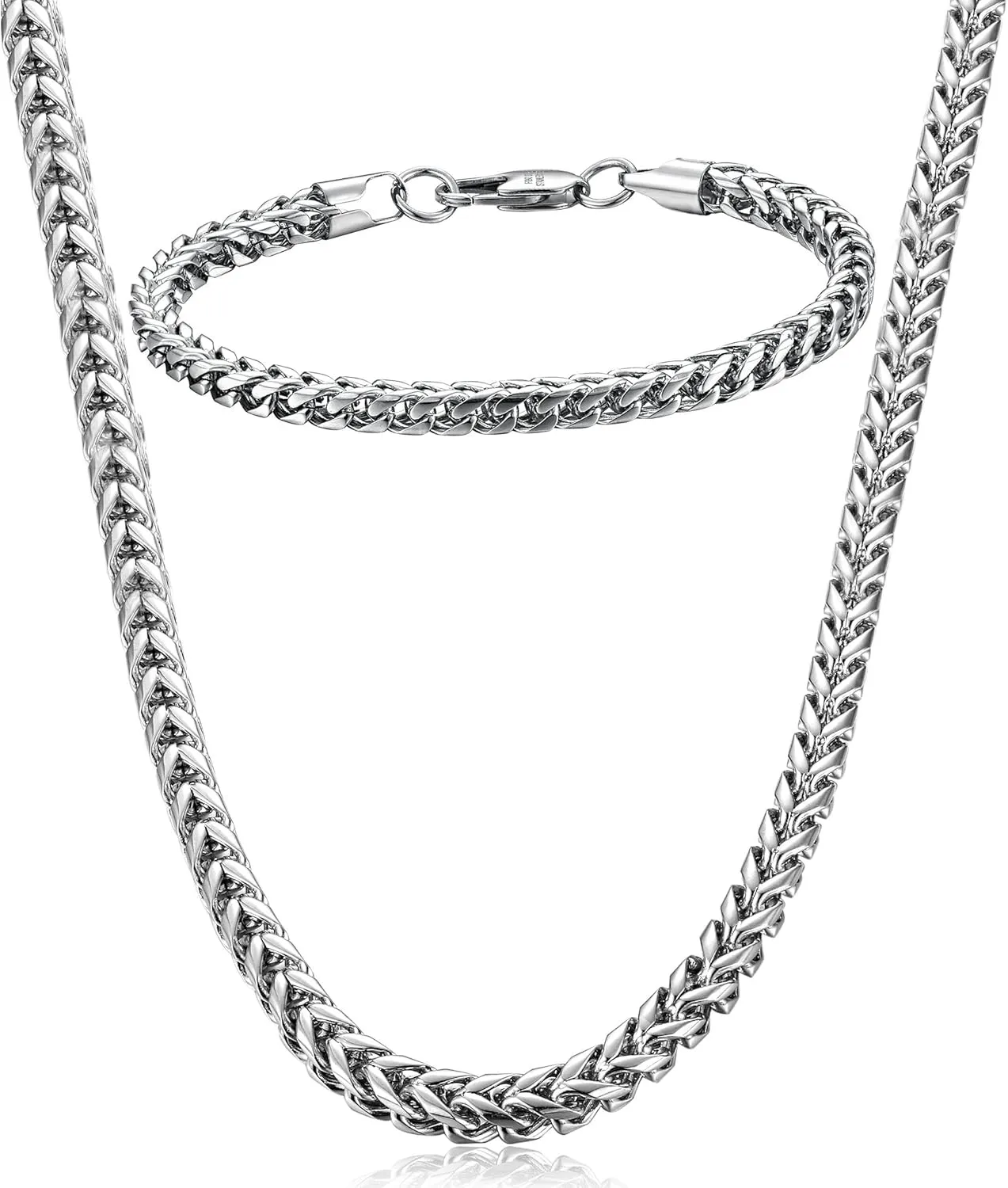FIBO STEEL Stainless Steel Wheat Chain Necklace for Men Necklace Bracelet Jewelry Set 5mm in Width, 22" 8.5"