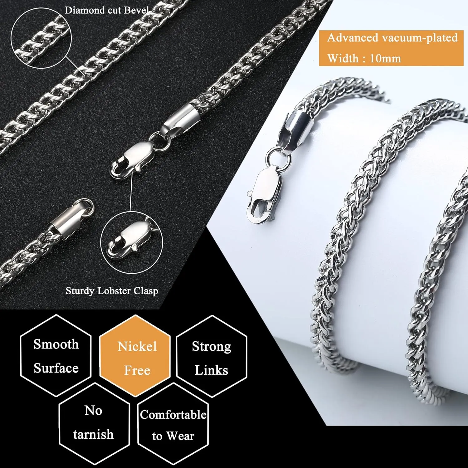 FIBO STEEL Stainless Steel Wheat Chain Necklace for Men Necklace Bracelet Jewelry Set 5mm in Width, 22" 8.5"