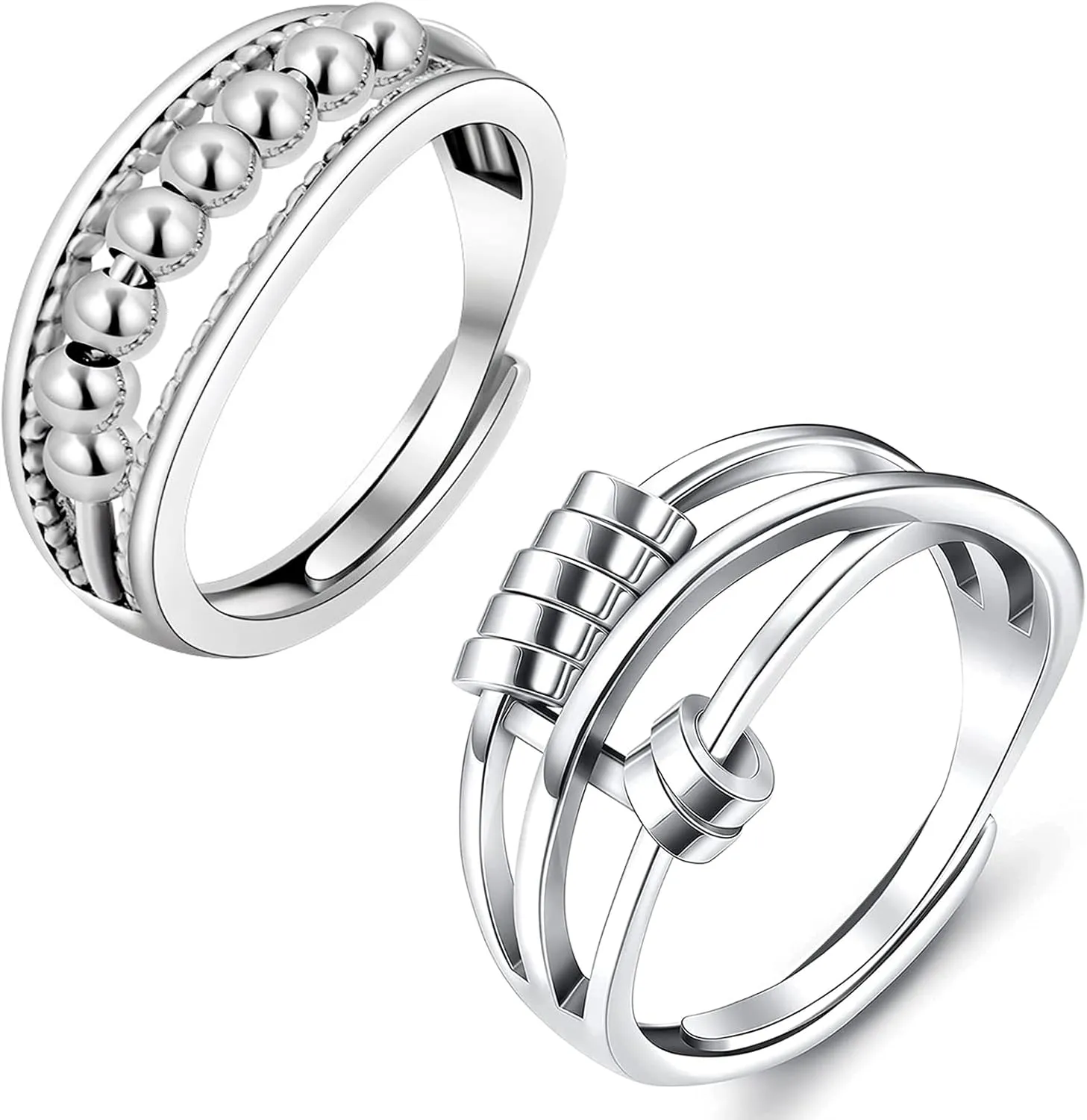 Fidget Rings for Anxiety With Beads 925 Sterling Silver Adjustable Ease Anti Anxiety Finger Ring Relieving Stress ADHD Spinner Rings Gift for Women Girl Her Men (Silver)