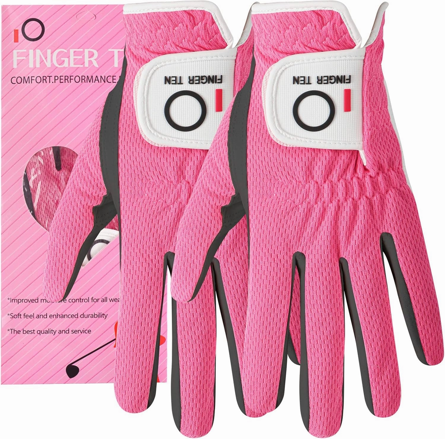 FINGER TEN Womens Golf Glove Right Handed Golfer Left Hand Rain Grip Hot Wet All Weather Value 2 Pack, Golf Gloves Breathable Flexible for Ladies Women (Rose&Black-2 Pack Worn On Left Hand, Medium)