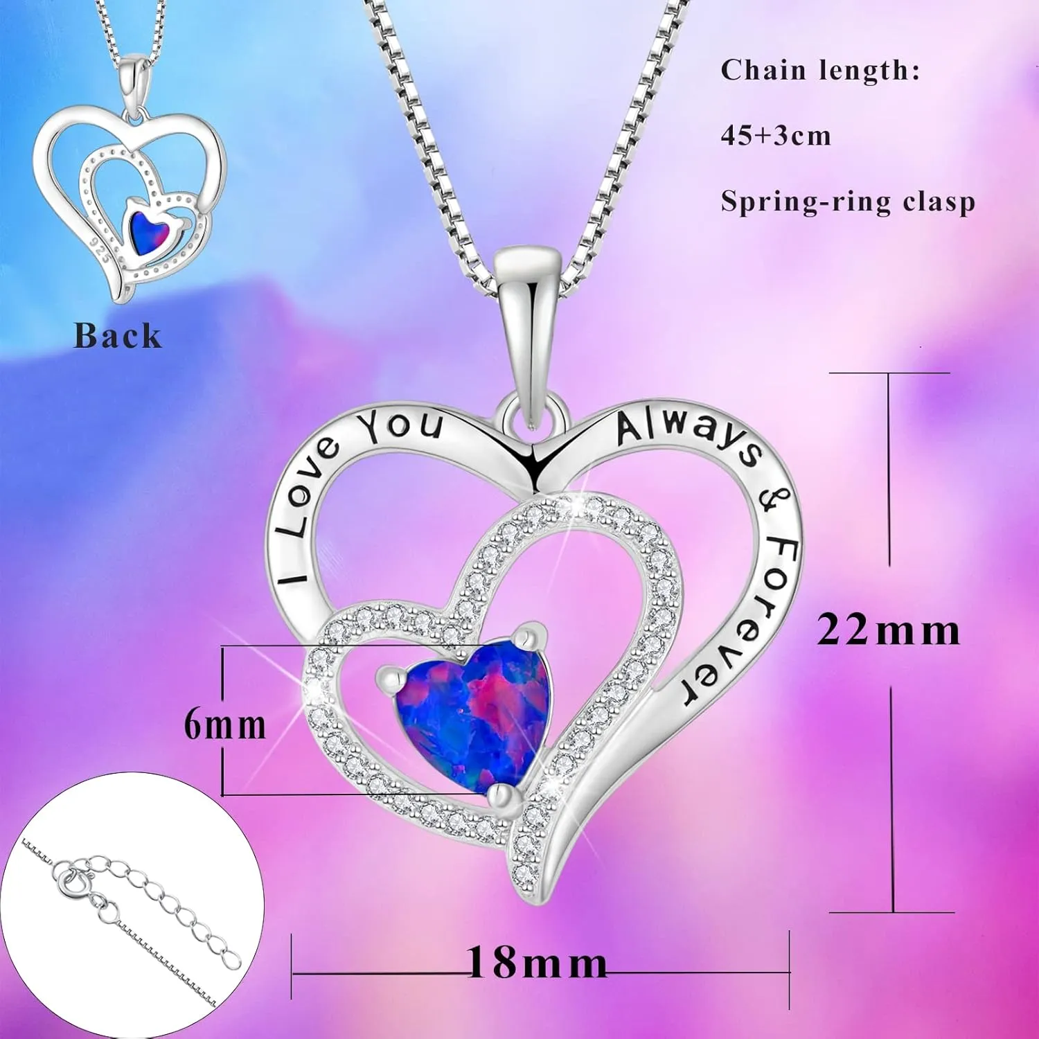 Fire Opal Necklace for Women 925 Sterling Silver Heart Birthstone Necklace 3A CZ Engraved with I Love You Always & Forever Pendant Necklace Jewelry s for Mom Grandma Granddaughter Wife