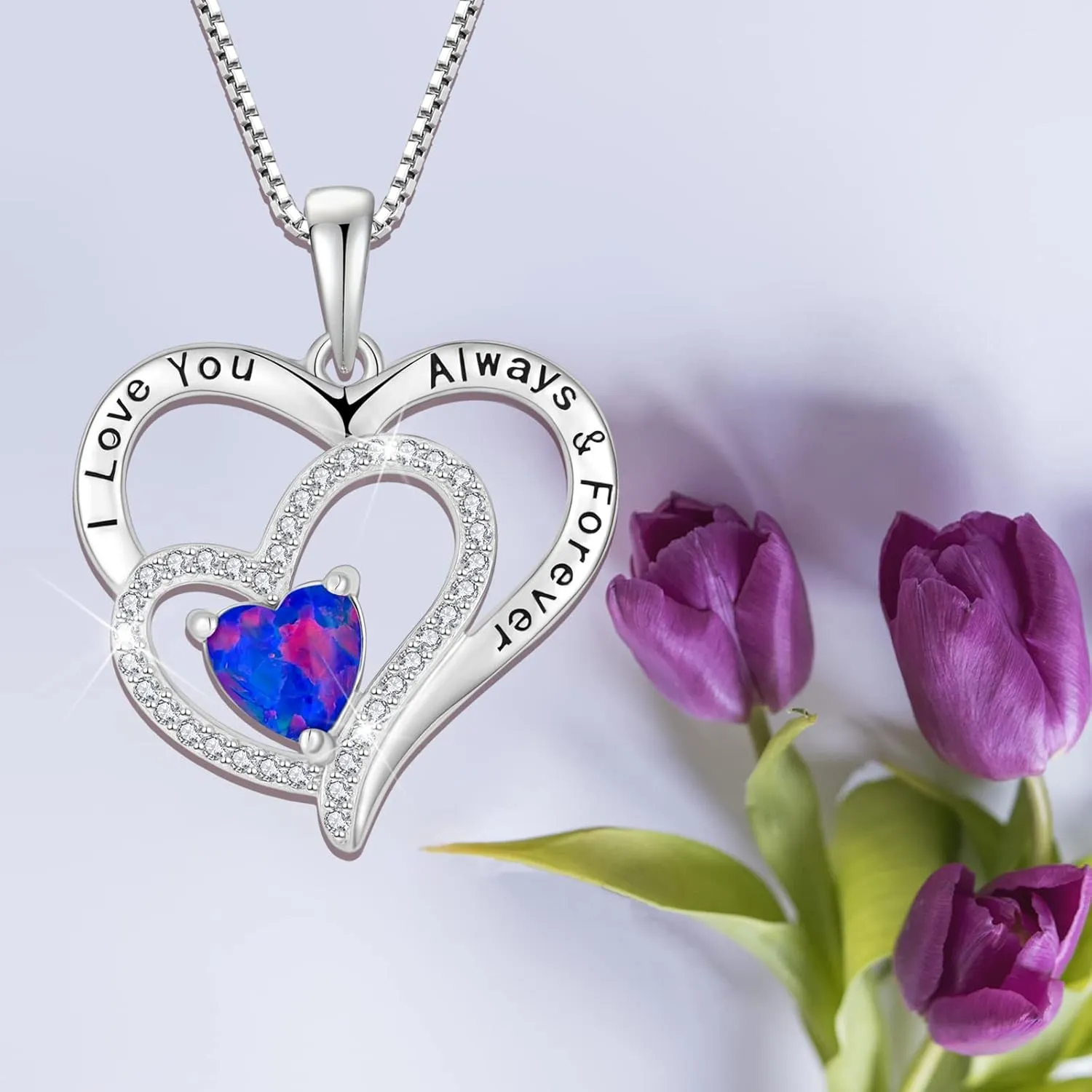 Fire Opal Necklace for Women 925 Sterling Silver Heart Birthstone Necklace 3A CZ Engraved with I Love You Always & Forever Pendant Necklace Jewelry s for Mom Grandma Granddaughter Wife