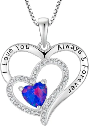 Fire Opal Necklace for Women 925 Sterling Silver Heart Birthstone Necklace 3A CZ Engraved with I Love You Always & Forever Pendant Necklace Jewelry s for Mom Grandma Granddaughter Wife
