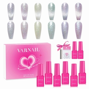 Fireworks Cat Eye Gel Polish Set 6 Colors with Gift Base Top Coat, Colorful Sparkling Nail Gel Polish with Magnet, Salon Quality Soak off UV Light Gel Nail Polish Kit