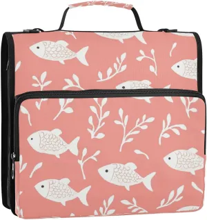 Fish Seaweed Orange Zipper Binder Bag with Shoulder Strap and Handle 1.5 Inch 3 Ring D Ring Expanding File Folder with Multiple Pockets 400 Page Capacity for School