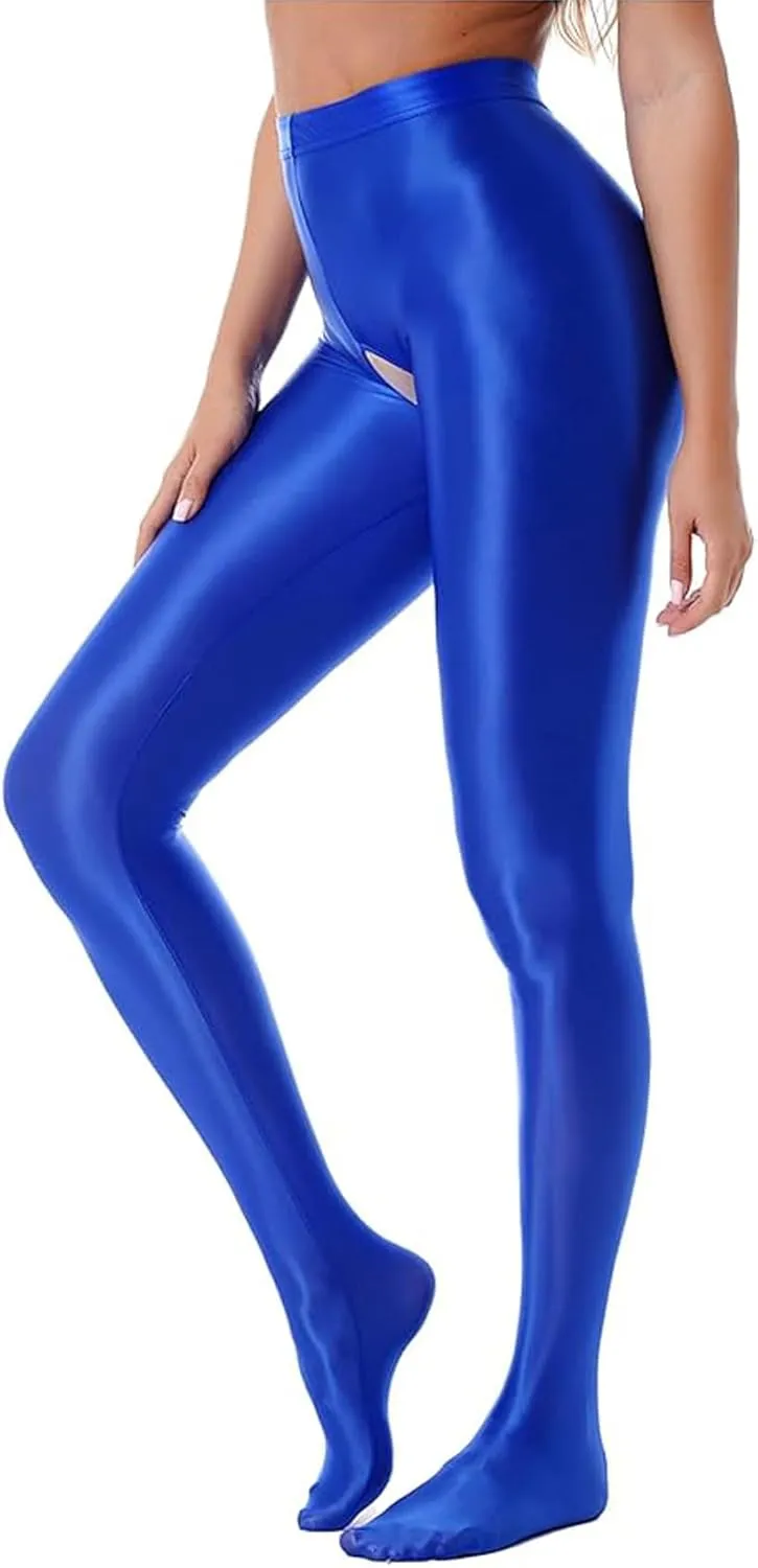 FiwoXam Women's Glossy Opaque Pantyhose Shiny High Waist Tights Yoga Pants Training Sports Leggings (US, Alpha, Medium, Regular, Regular, Blue)