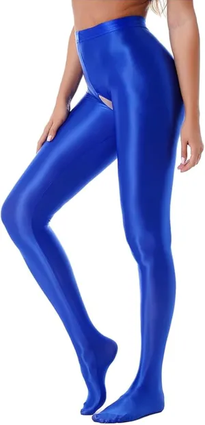 FiwoXam Women's Glossy Opaque Pantyhose Shiny High Waist Tights Yoga Pants Training Sports Leggings (US, Alpha, Medium, Regular, Regular, Blue)