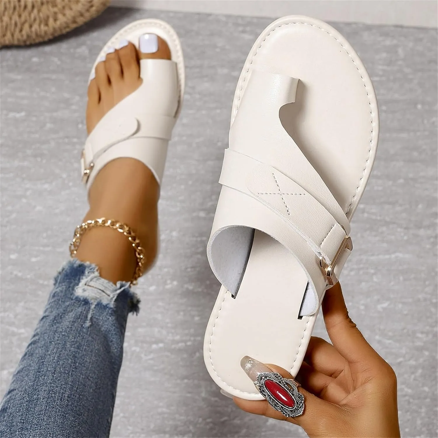 Flat Leather Sandals for Women Dressy Sandals with Open Toe Ring Loop Strap Slip on Slide Slippers Flip Flops