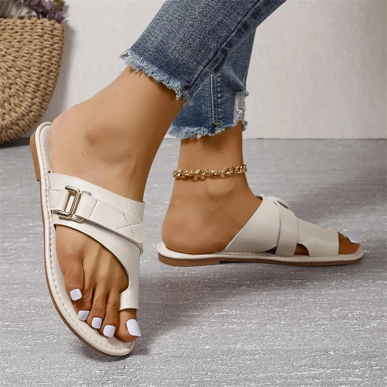 Flat Leather Sandals for Women Dressy Sandals with Open Toe Ring Loop Strap Slip on Slide Slippers Flip Flops