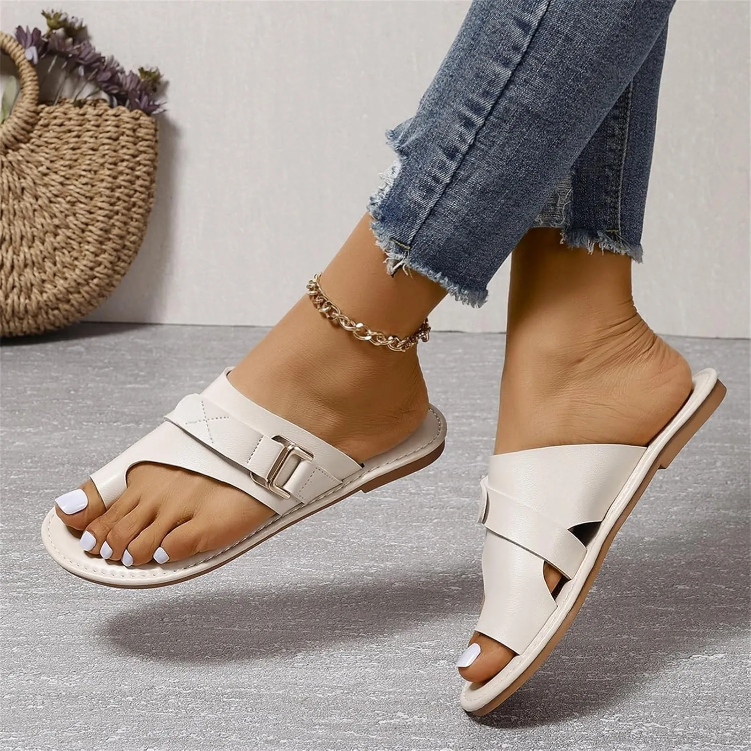 Flat Leather Sandals for Women Dressy Sandals with Open Toe Ring Loop Strap Slip on Slide Slippers Flip Flops