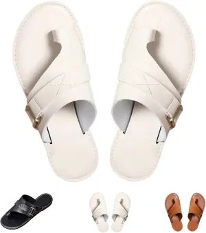 Flat Leather Sandals for Women Dressy Sandals with Open Toe Ring Loop Strap Slip on Slide Slippers Flip Flops