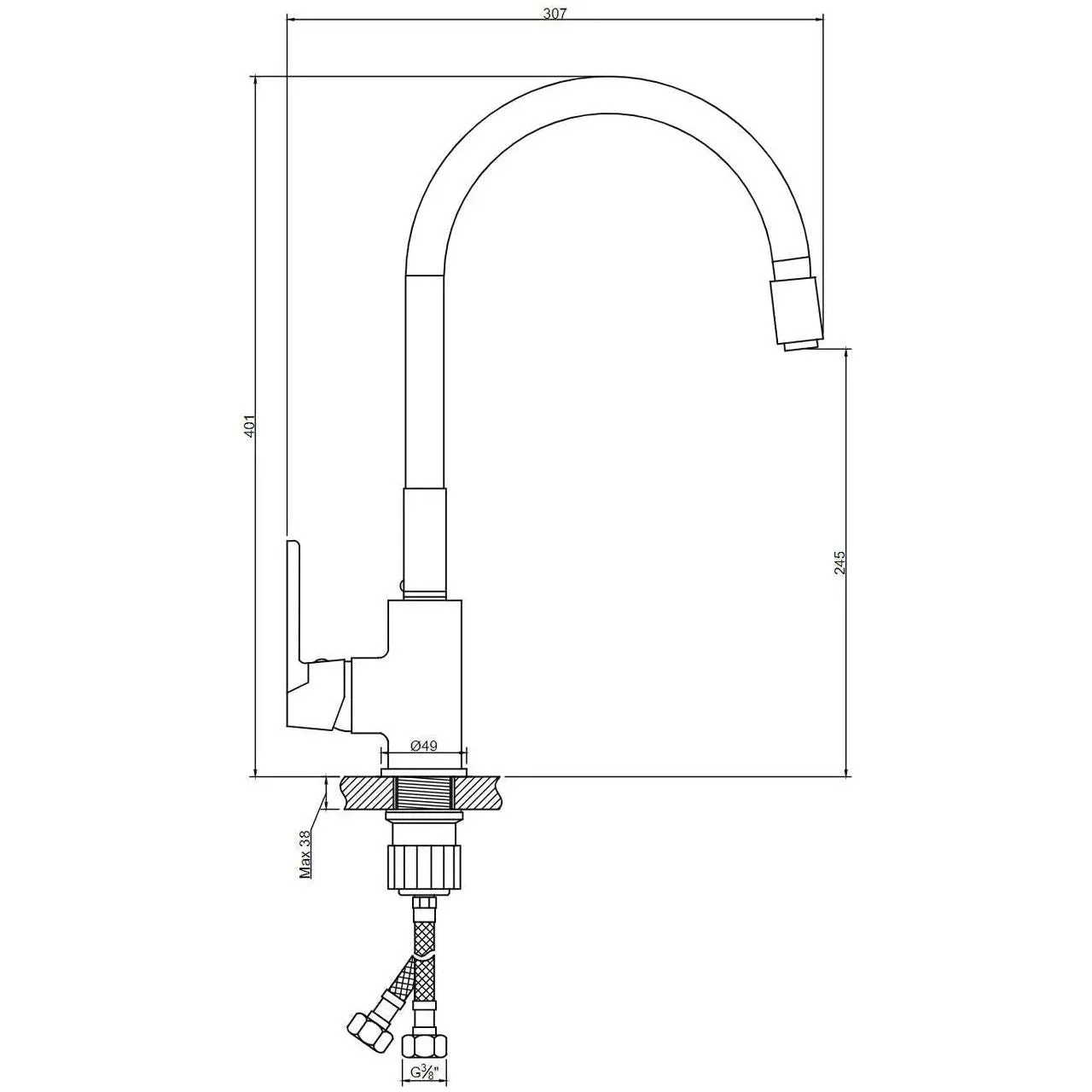 Flexible Spout Memory Kitchen Tap Tall Single Lever Deck Mounted