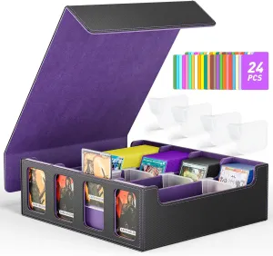 Flooyes Card Storage Box for Trading Cards with 4 Card Supporters, 3200  MTG Deck Box with 24 Colorful Dividers, Commander Trading Card Storage Box with Viewing Windows for Magic Game Cards, Purple