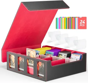 Flooyes Card Storage Box for Trading Cards with 4 Card Supporters, 3200  MTG Deck Box with 24 Colorful Dividers, Commander Trading Card Storage Box with Viewing Windows for Magic Game Cards, Red