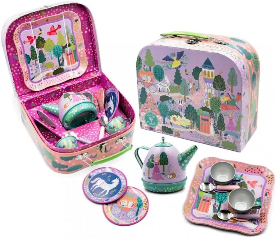 Floss & Rock Fairy Tale Musical Kids Tin Tea Set, 11 Piece, 6.8 Inch