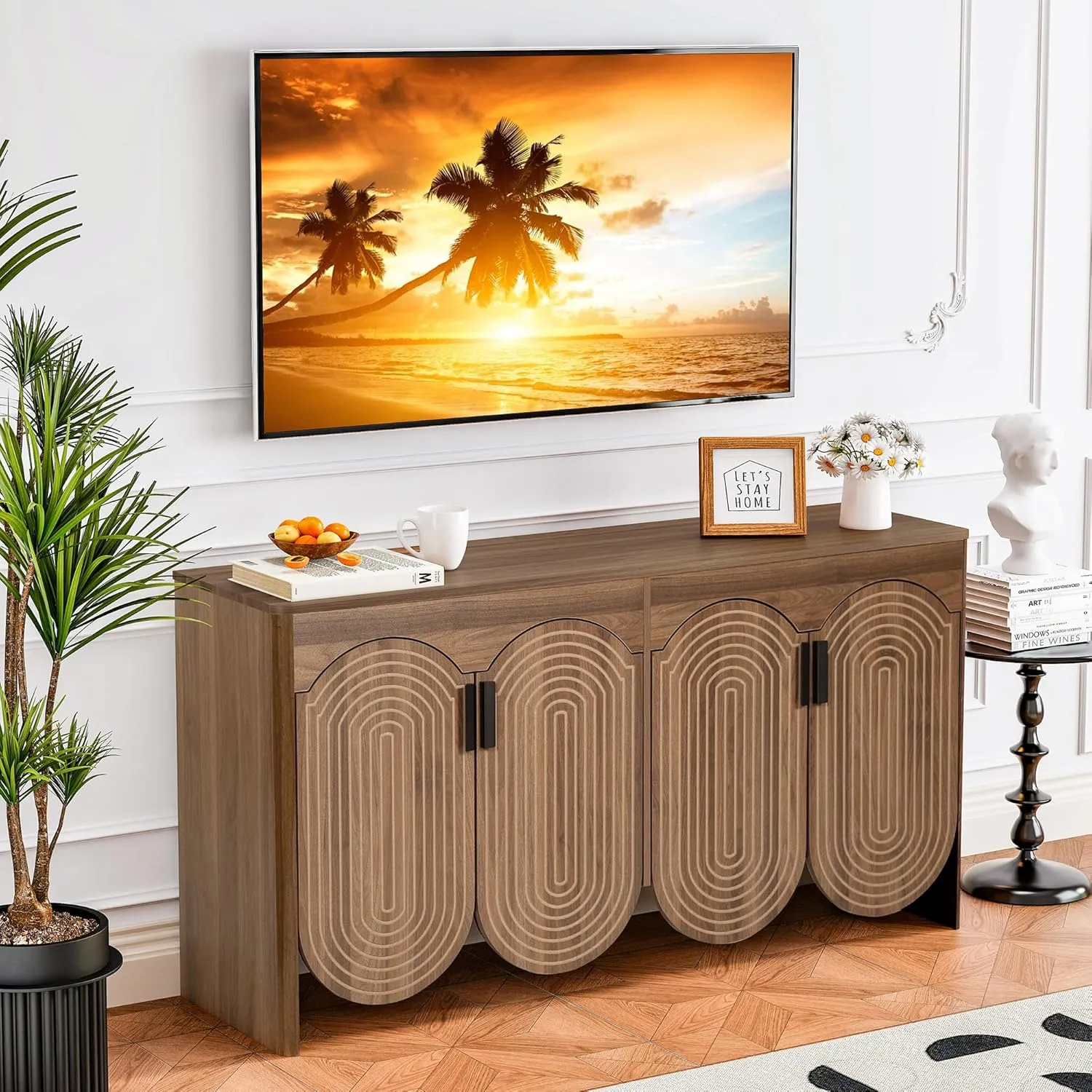 Fluted Sideboard Cabinet with Storage,Buffet Cabinet with Adjustable Shelves,Accent Storage Cabinets with Carved Arc Door Kitchen Dining Living Room (Walnut, 4 Doors)