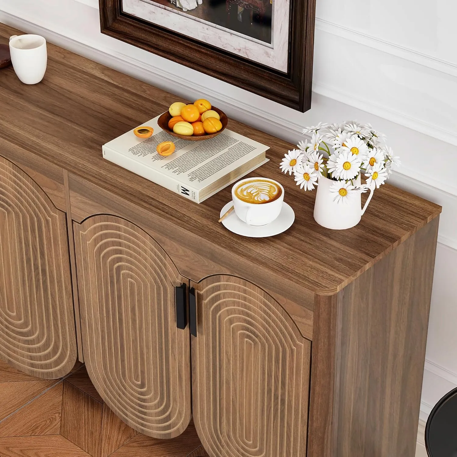 Fluted Sideboard Cabinet with Storage,Buffet Cabinet with Adjustable Shelves,Accent Storage Cabinets with Carved Arc Door Kitchen Dining Living Room (Walnut, 4 Doors)