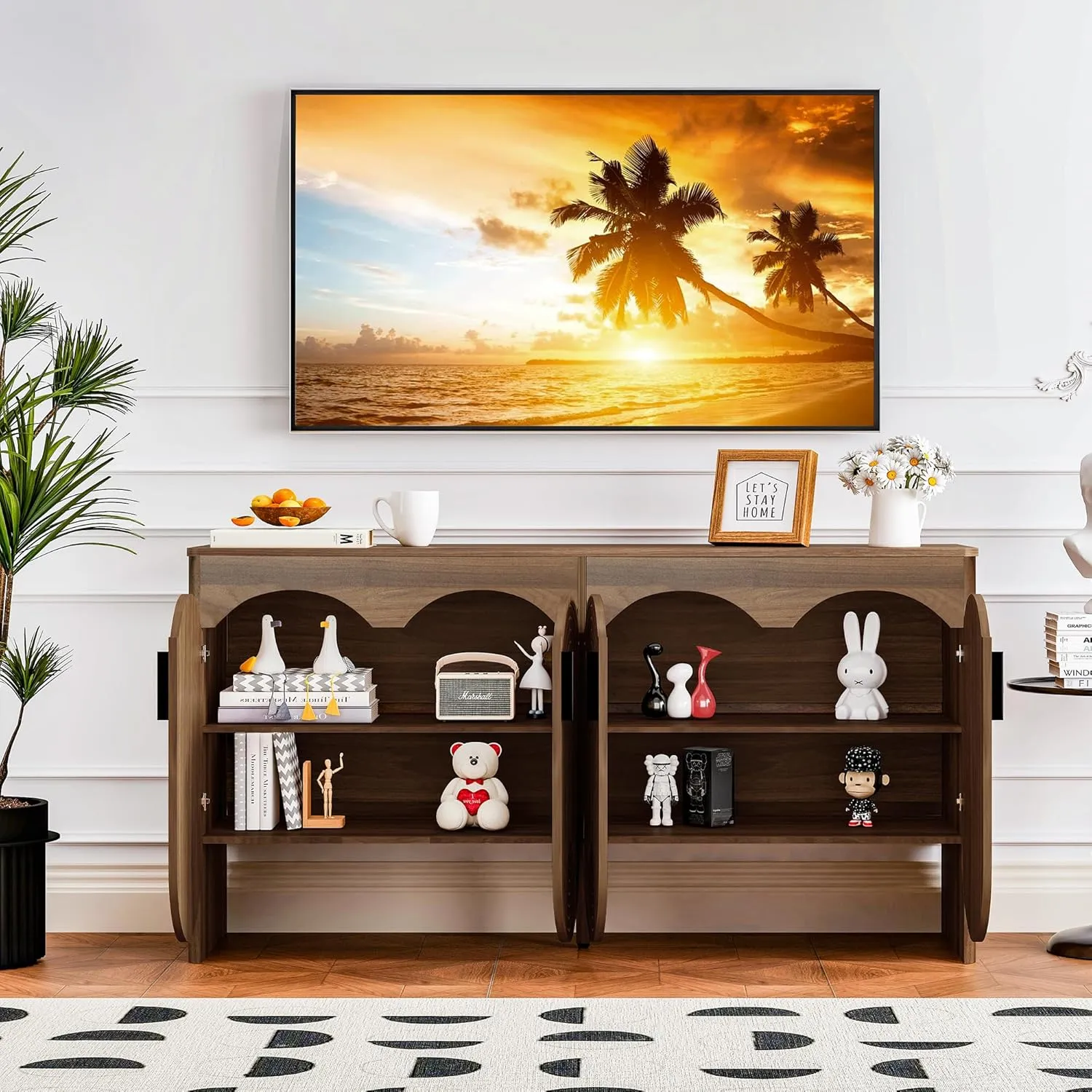 Fluted Sideboard Cabinet with Storage,Buffet Cabinet with Adjustable Shelves,Accent Storage Cabinets with Carved Arc Door Kitchen Dining Living Room (Walnut, 4 Doors)