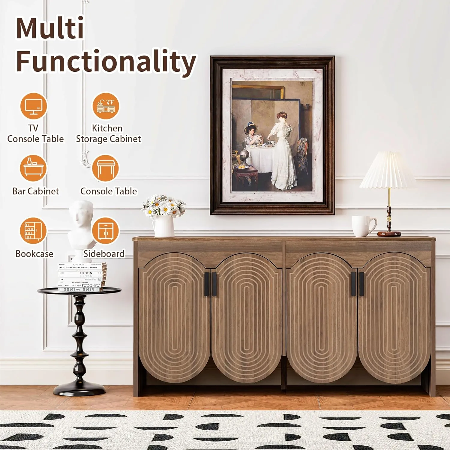 Fluted Sideboard Cabinet with Storage,Buffet Cabinet with Adjustable Shelves,Accent Storage Cabinets with Carved Arc Door Kitchen Dining Living Room (Walnut, 4 Doors)