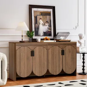 Fluted Sideboard Cabinet with Storage,Buffet Cabinet with Adjustable Shelves,Accent Storage Cabinets with Carved Arc Door Kitchen Dining Living Room (Walnut, 4 Doors)