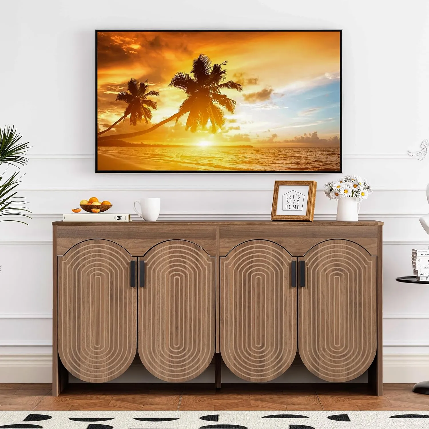 Fluted Sideboard Cabinet with Storage,Buffet Cabinet with Adjustable Shelves,Accent Storage Cabinets with Carved Arc Door Kitchen Dining Living Room (Walnut, 4 Doors)