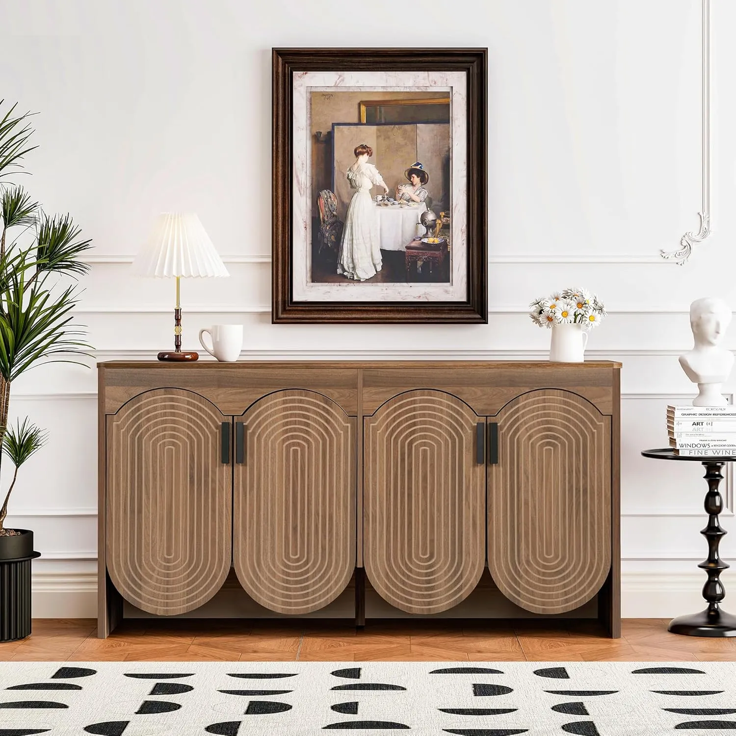 Fluted Sideboard Cabinet with Storage,Buffet Cabinet with Adjustable Shelves,Accent Storage Cabinets with Carved Arc Door Kitchen Dining Living Room (Walnut, 4 Doors)
