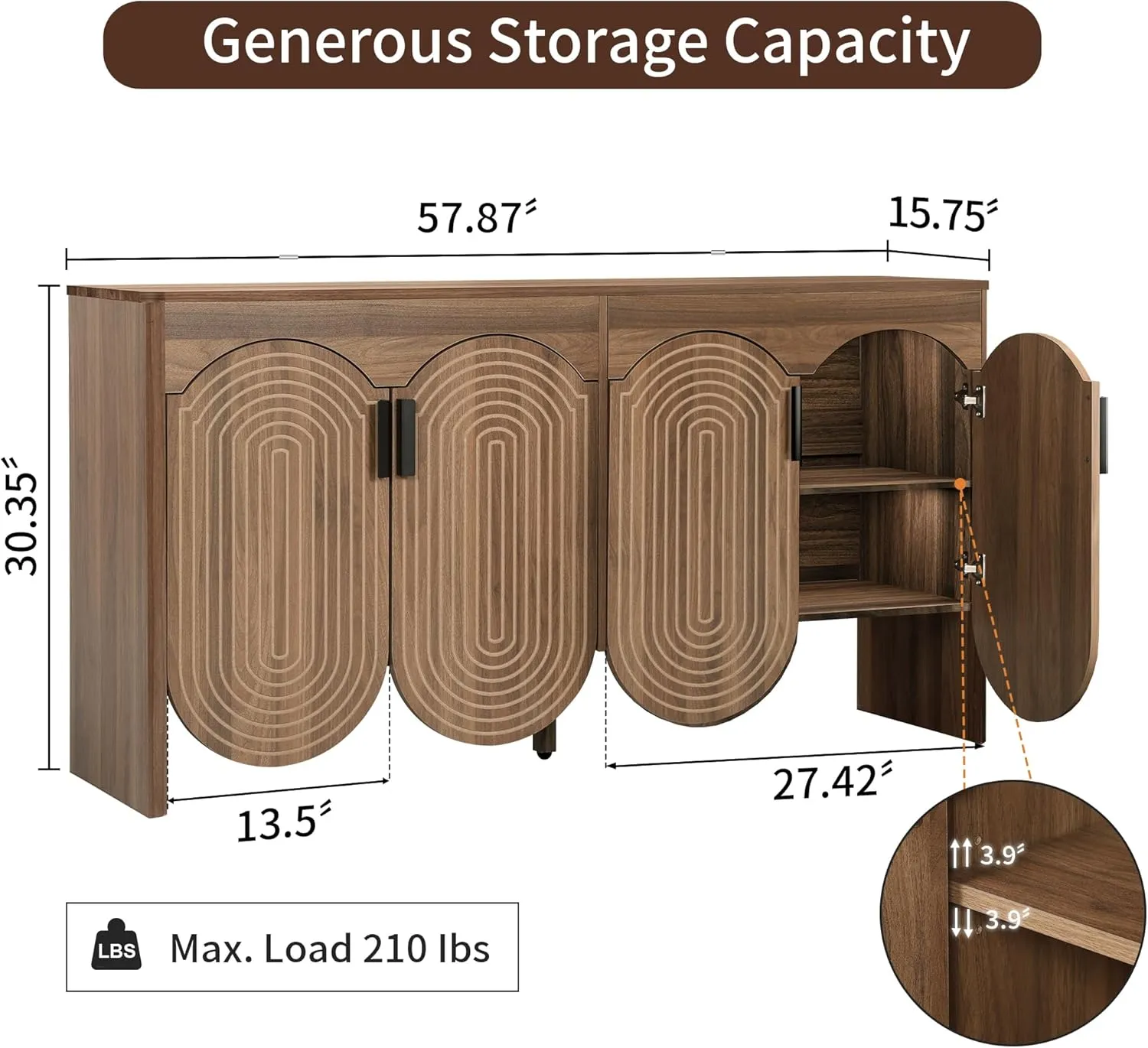 Fluted Sideboard Cabinet with Storage,Buffet Cabinet with Adjustable Shelves,Accent Storage Cabinets with Carved Arc Door Kitchen Dining Living Room (Walnut, 4 Doors)