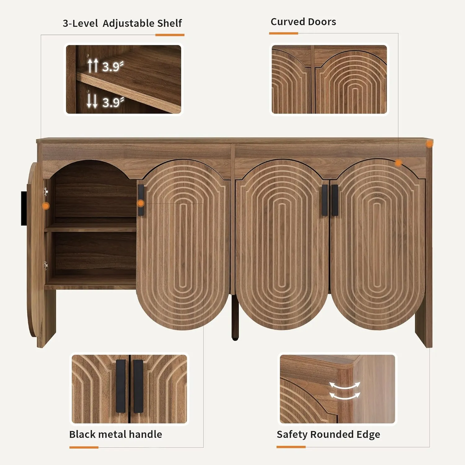 Fluted Sideboard Cabinet with Storage,Buffet Cabinet with Adjustable Shelves,Accent Storage Cabinets with Carved Arc Door Kitchen Dining Living Room (Walnut, 4 Doors)