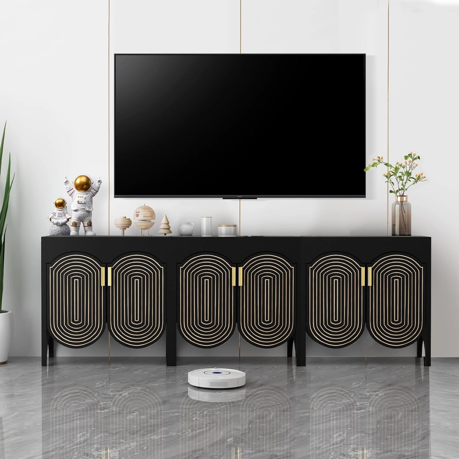 Fluted Sideboard Cabinet with Storage,Buffet Cabinet with Adjustable Shelves,Accent Storage Cabinets with Carved Arc Door Kitchen Dining Living Room (Black, 6 Doors)