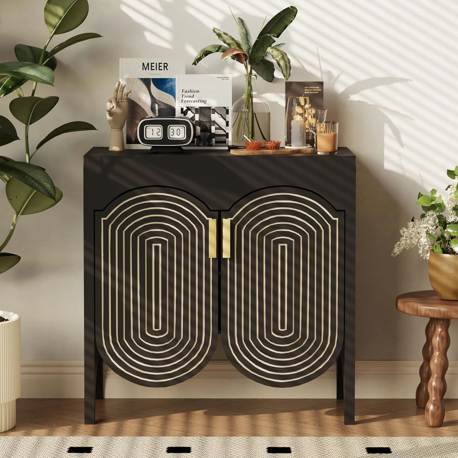 Fluted Sideboard Cabinet with Storage,Buffet Cabinet with Adjustable Shelves,Accent Storage Cabinets with Carved Arc Door Kitchen Dining Living Room (Black, 6 Doors)
