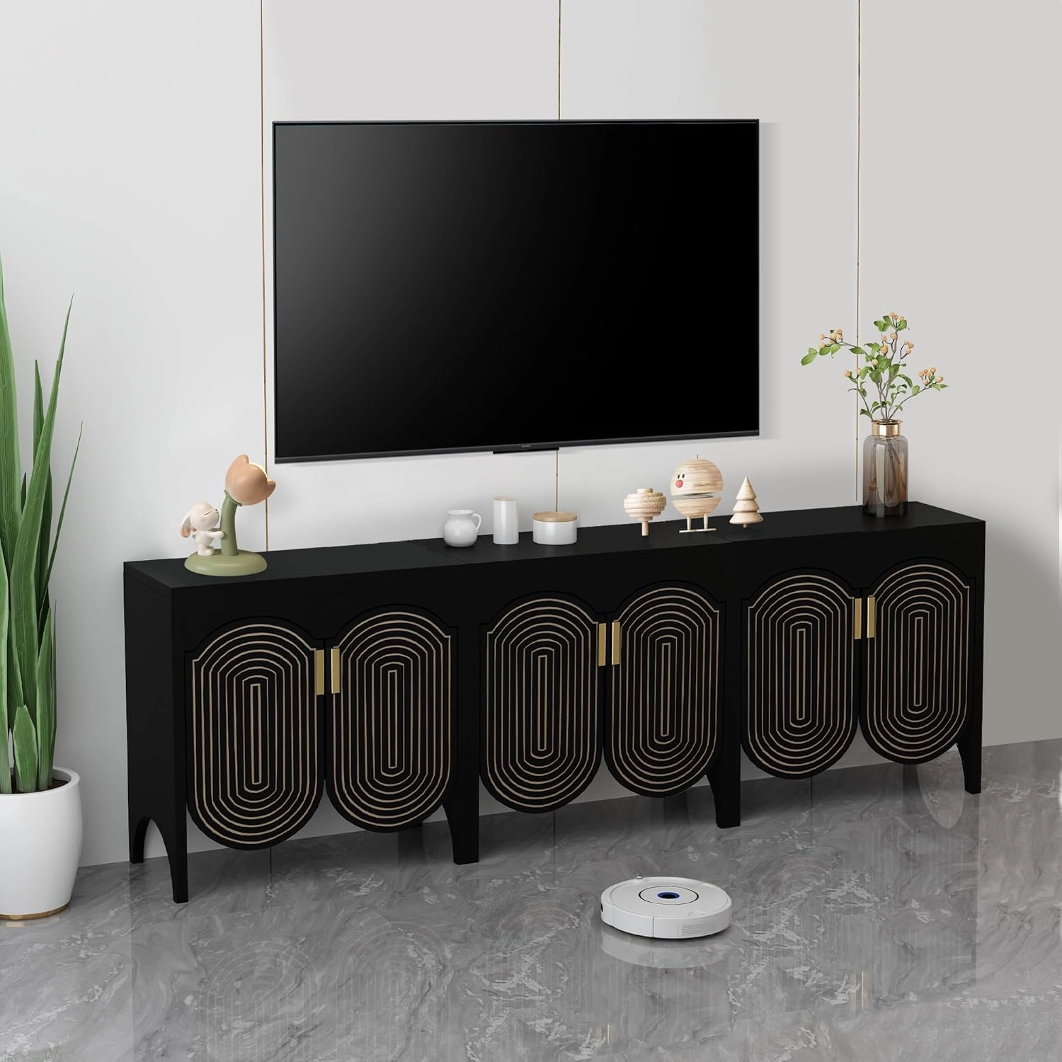 Fluted Sideboard Cabinet with Storage,Buffet Cabinet with Adjustable Shelves,Accent Storage Cabinets with Carved Arc Door Kitchen Dining Living Room (Black, 6 Doors)