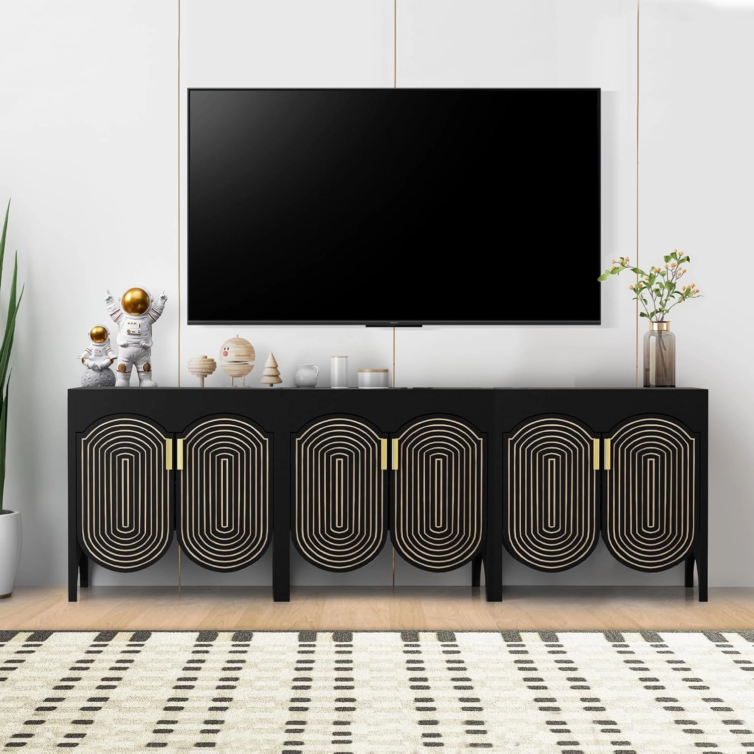Fluted Sideboard Cabinet with Storage,Buffet Cabinet with Adjustable Shelves,Accent Storage Cabinets with Carved Arc Door Kitchen Dining Living Room (Black, 6 Doors)