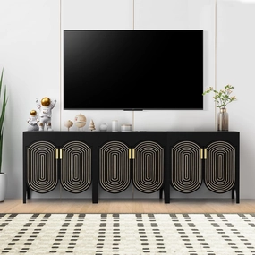 Fluted Sideboard Cabinet with Storage,Buffet Cabinet with Adjustable Shelves,Accent Storage Cabinets with Carved Arc Door Kitchen Dining Living Room (Black, 6 Doors)
