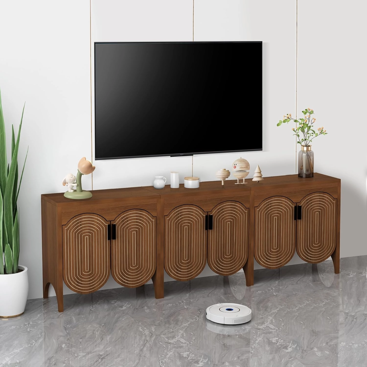 Fluted Sideboard Cabinet with Storage,Buffet Cabinet with Adjustable Shelves,Accent Storage Cabinets with Carved Arc Door Kitchen Dining Living Room (Walnut, 6 Doors)