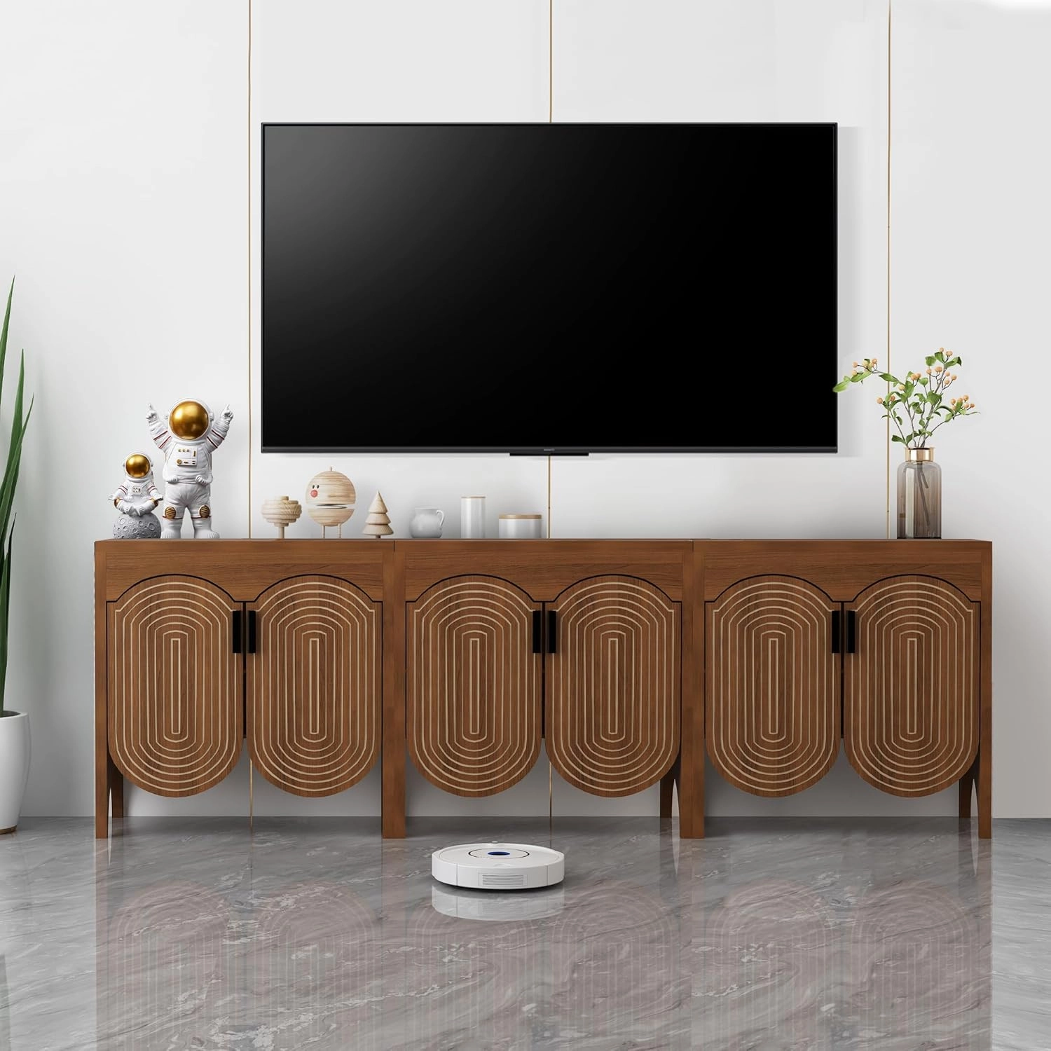 Fluted Sideboard Cabinet with Storage,Buffet Cabinet with Adjustable Shelves,Accent Storage Cabinets with Carved Arc Door Kitchen Dining Living Room (Walnut, 6 Doors)
