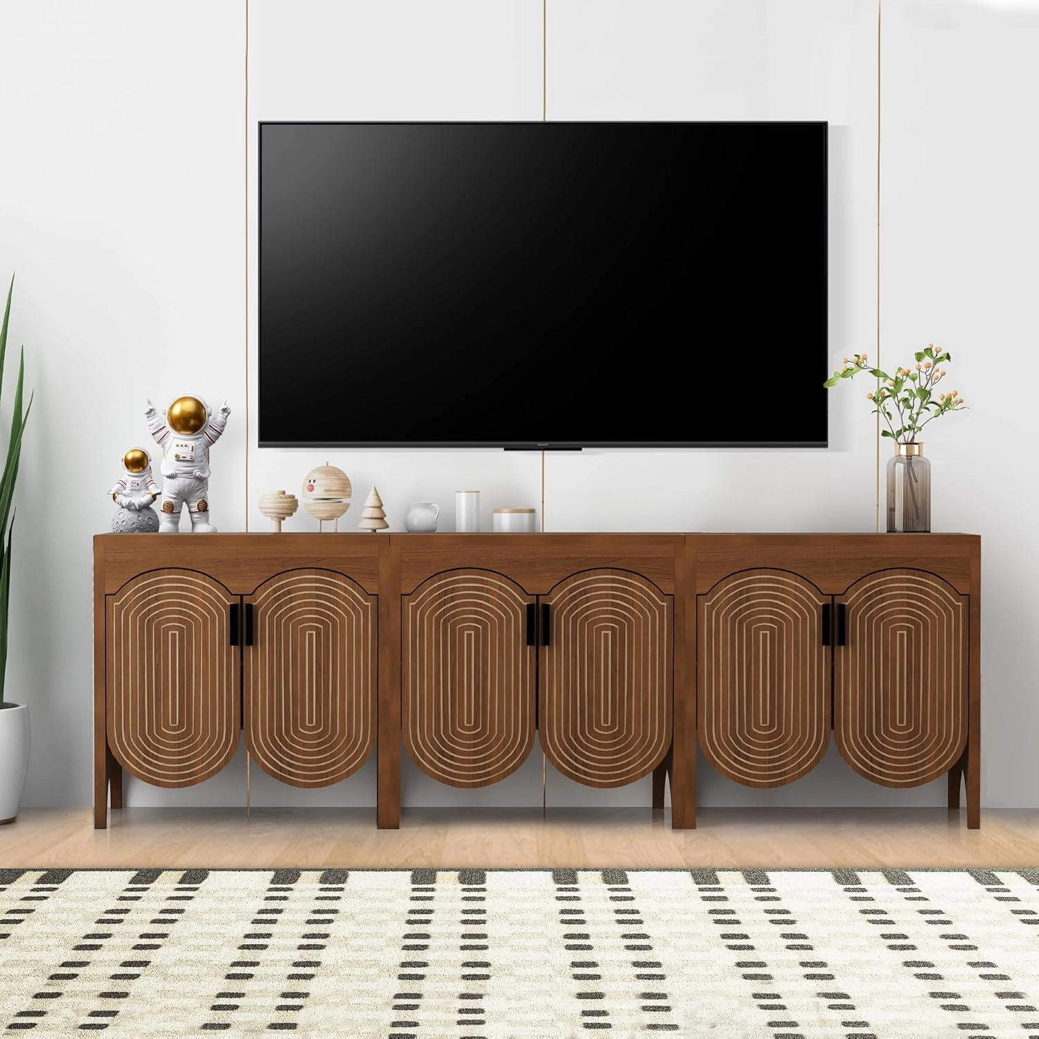 Fluted Sideboard Cabinet with Storage,Buffet Cabinet with Adjustable Shelves,Accent Storage Cabinets with Carved Arc Door Kitchen Dining Living Room (Walnut, 6 Doors)