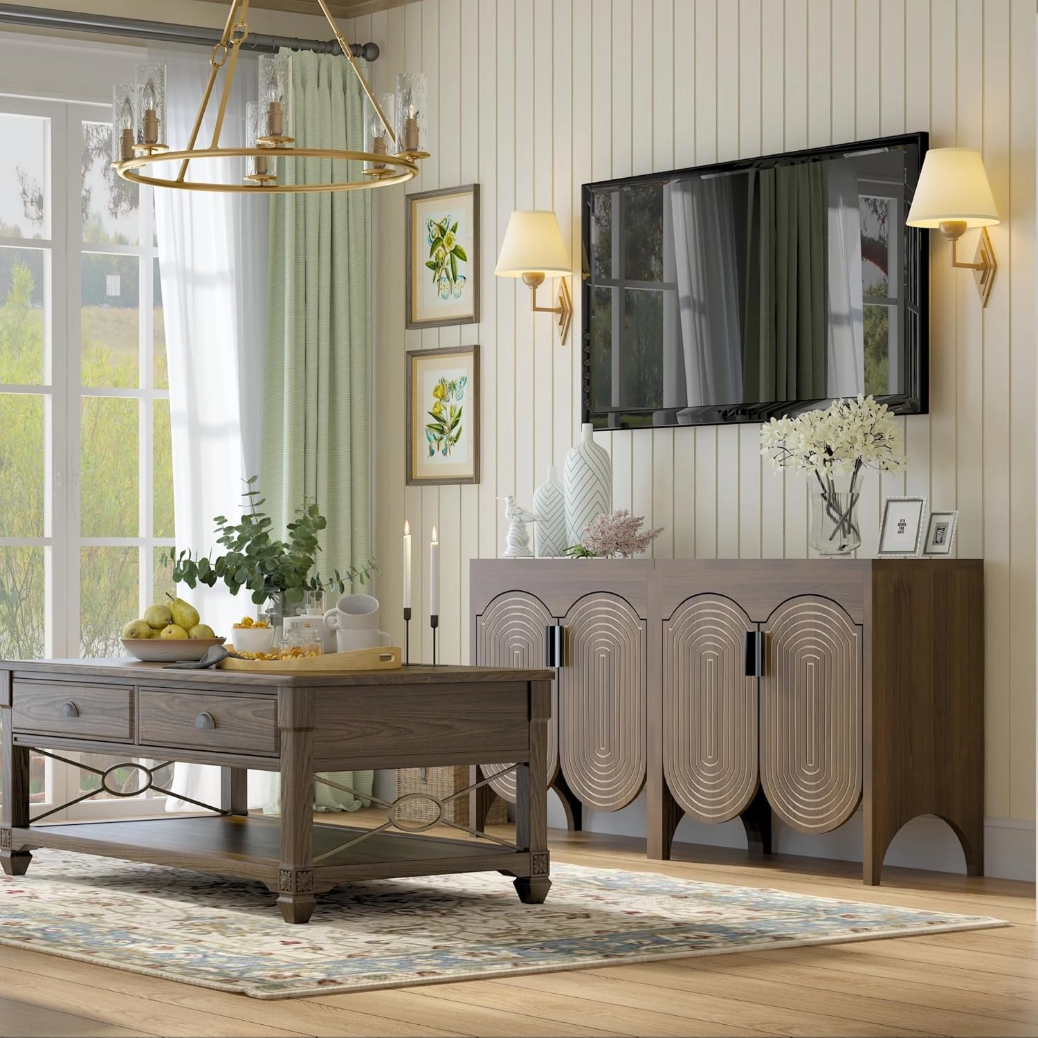Fluted Sideboard Cabinet with Storage,Buffet Cabinet with Adjustable Shelves,Accent Storage Cabinets with Carved Arc Door Kitchen Dining Living Room (Walnut, 6 Doors)