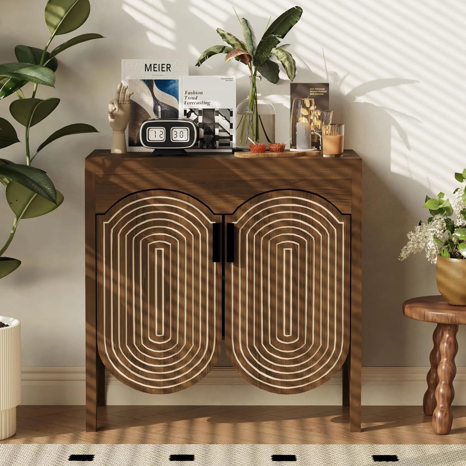 Fluted Sideboard Cabinet with Storage,Buffet Cabinet with Adjustable Shelves,Accent Storage Cabinets with Carved Arc Door Kitchen Dining Living Room (Walnut, 6 Doors)