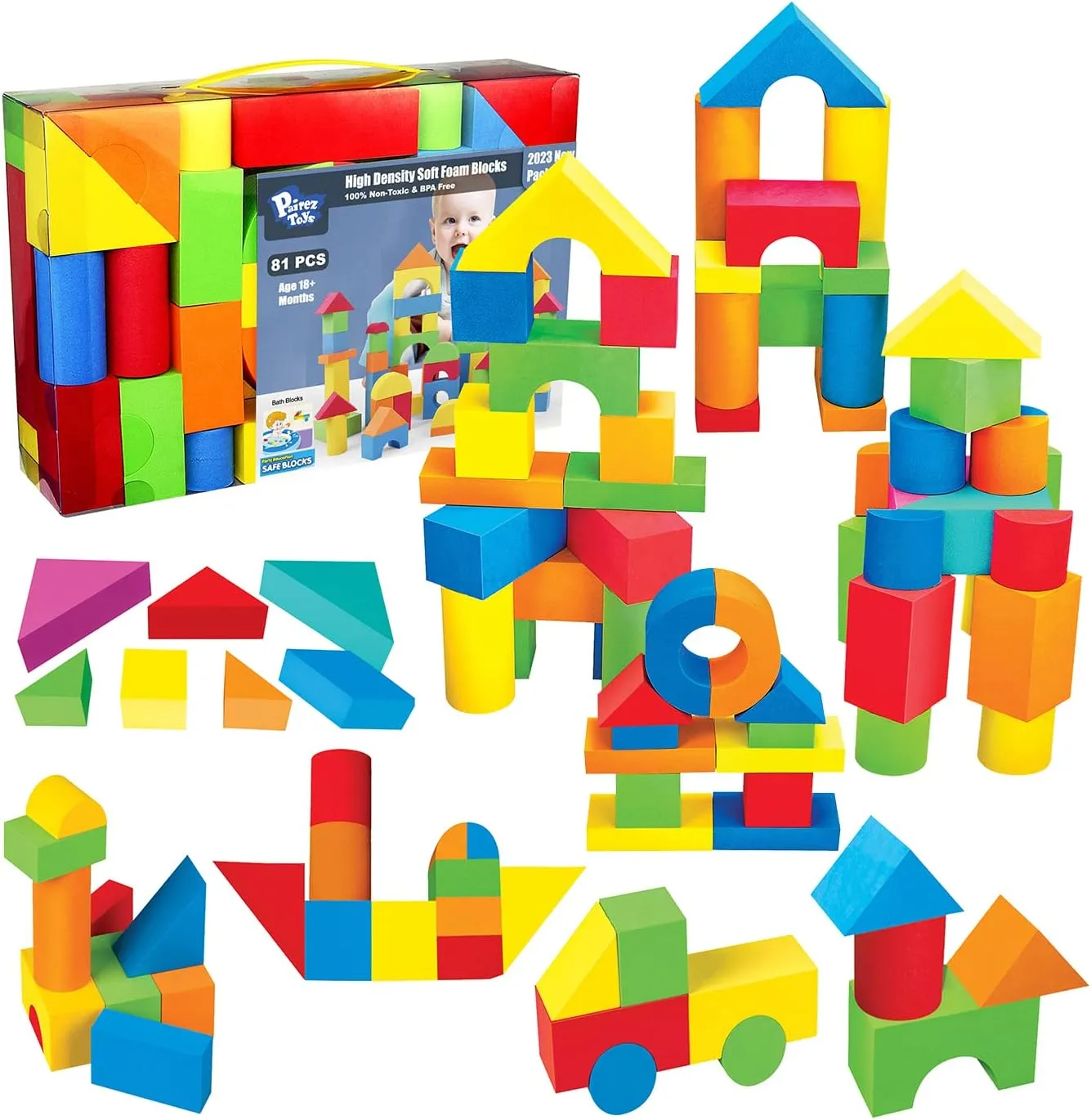 Foam Building Blocks for Toddlers 1-3, 81 Pieces Soft Stacking Blocks Toy Set, Baby Bath Foam Toys, Sensory and Montosorri Toys for Boys & Girls 18  Months