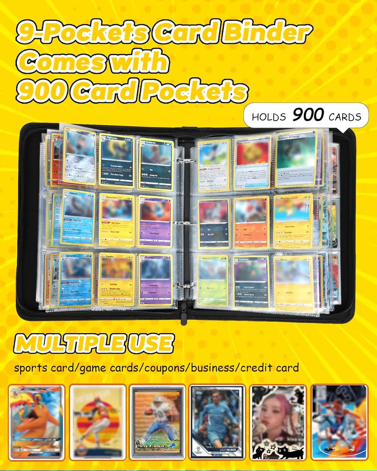 for 9 Pocket Card Binder Large Capacity for 900 Cards - Trading Card Collection Album Folder Double Sided Pocket with Zipper Anime Design for Men Boys Teens for Sports Cards Game Cards